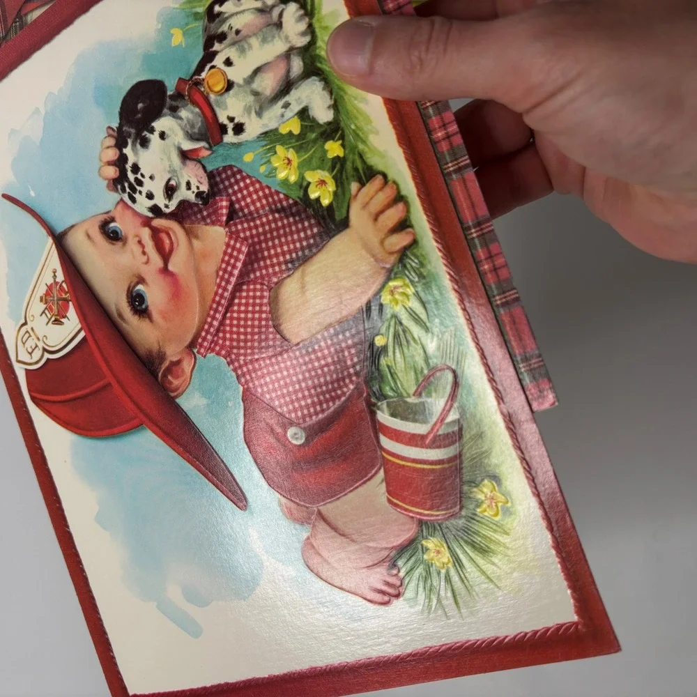 VTG Large MCM Greeting Cards Baby Boy Fireman‎ Dog Scottish Hat Ephemera USA